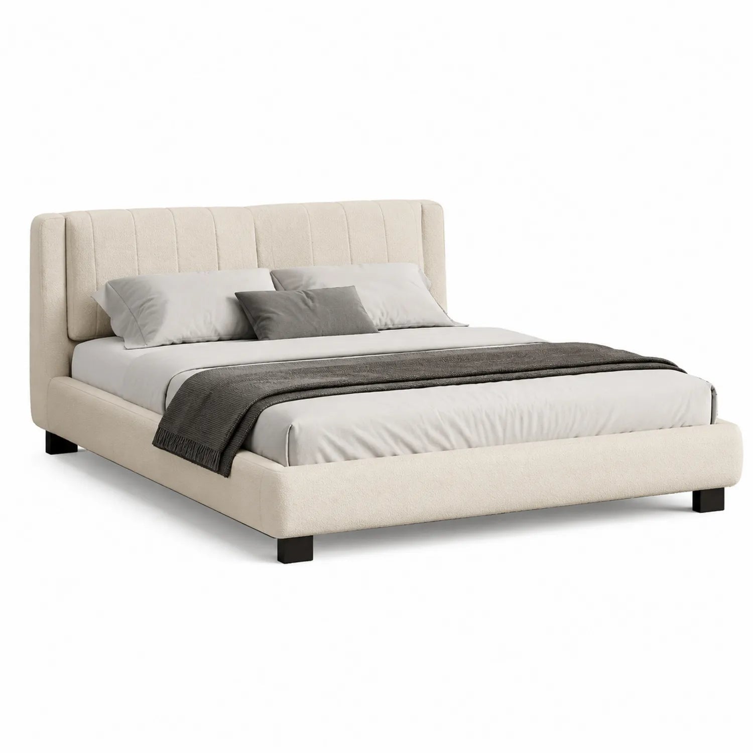 Letto matrimoniale in tessuto crema con testiera imbottita 200x160 cm