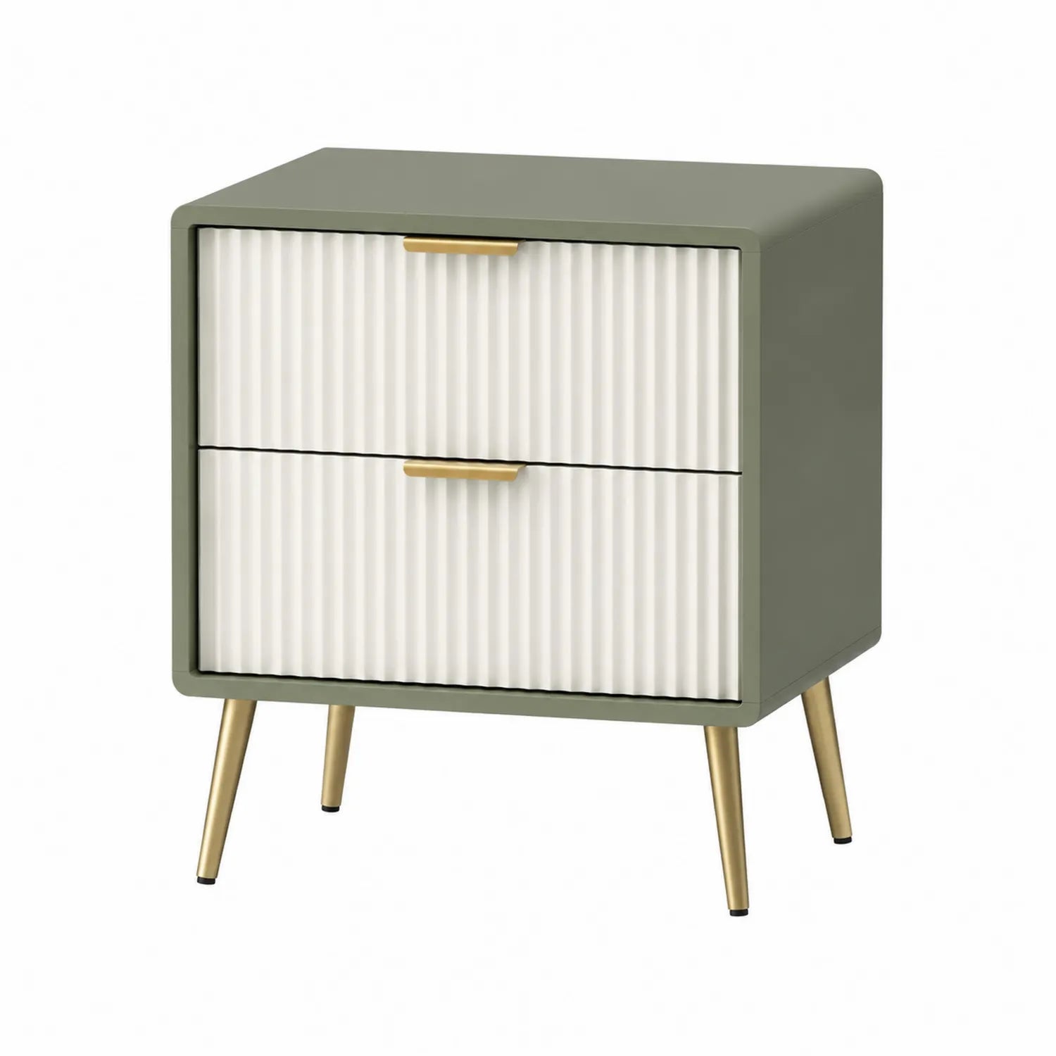 Comodino a 2 cassetti in legno MDF e metallo verde oliva e bianco