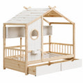 Letto per bambini a forma di casetta in legno di pino con cassetti bianchi