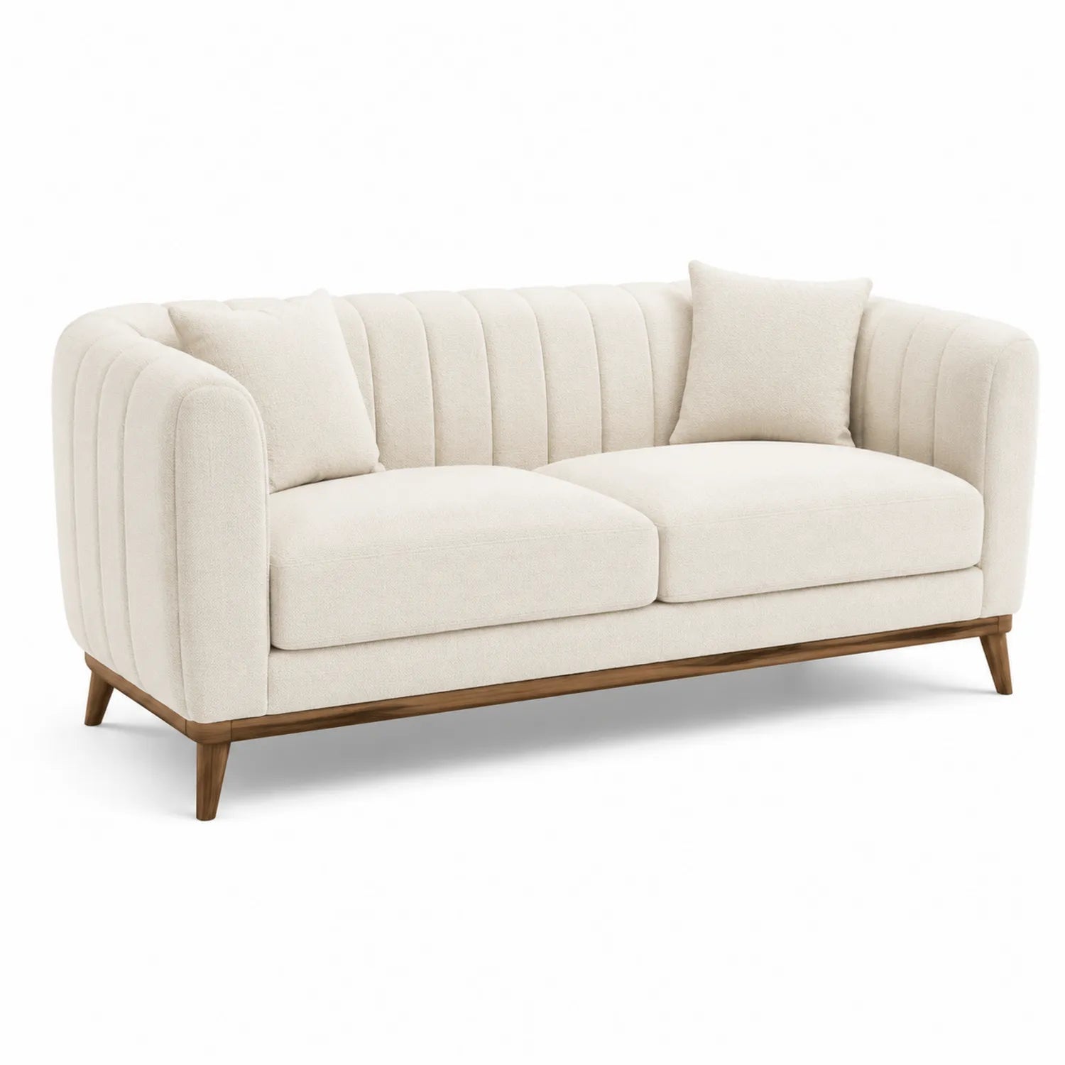 Divano in legno e tessuto beige con cuscini