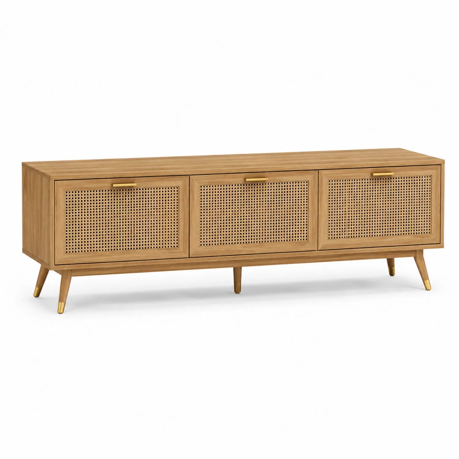 Mobile TV in legno naturale con ante in rattan e gambe in metallo