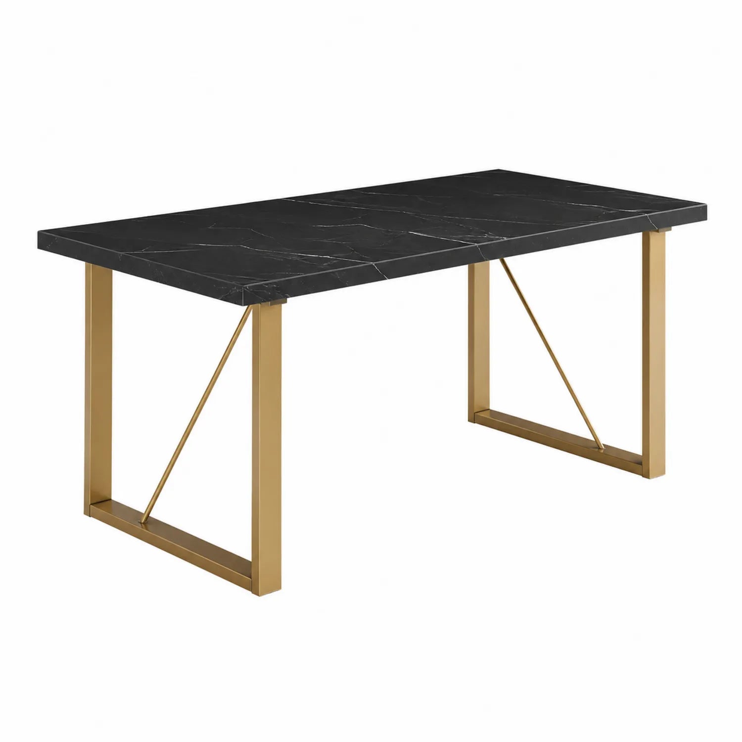Tavolo da pranzo rettangolare in marmo nero e metallo dorato 180x90x75 cm